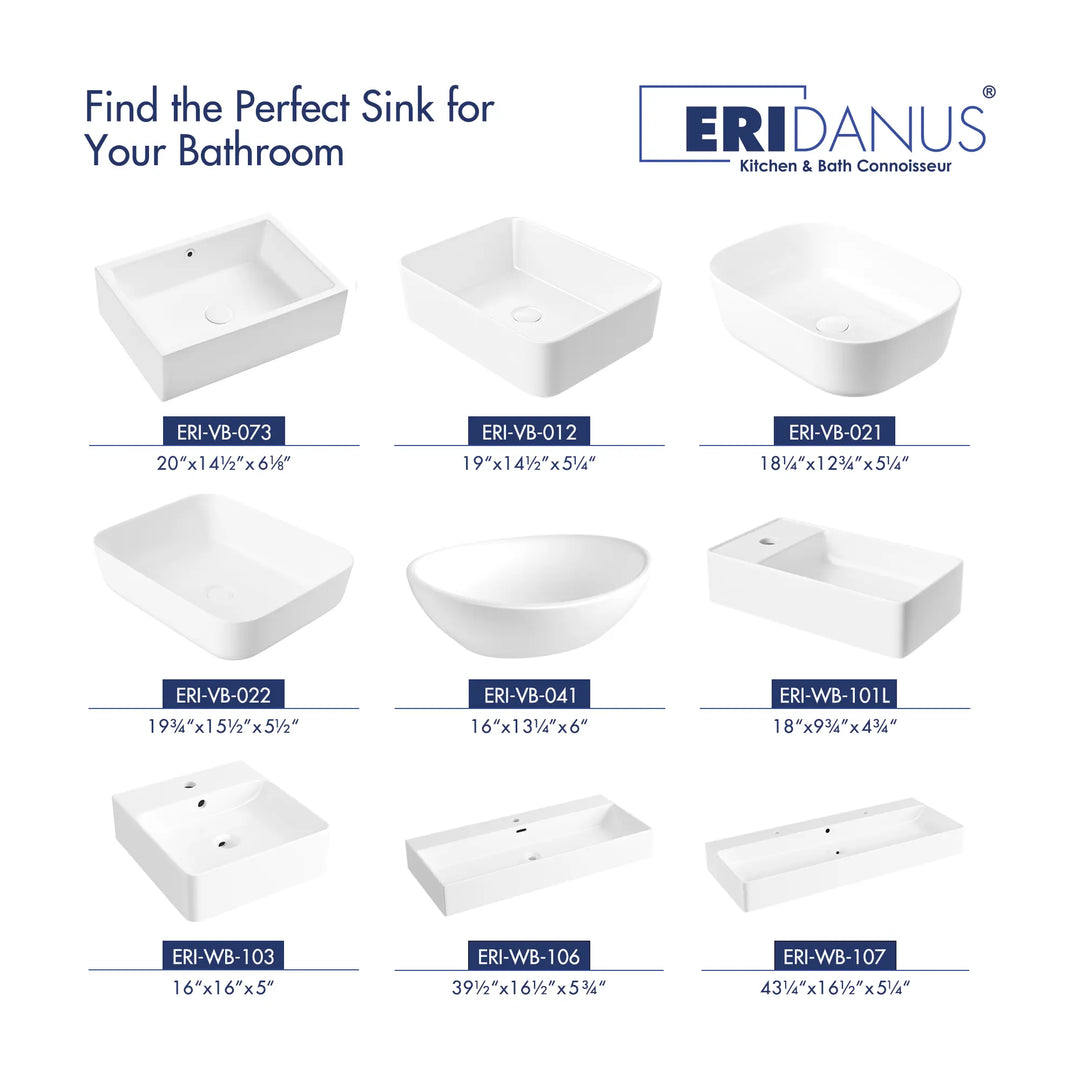 White ceramic vessel bathroom sink collection with various rectangular oval countertop basin styles and model size labels