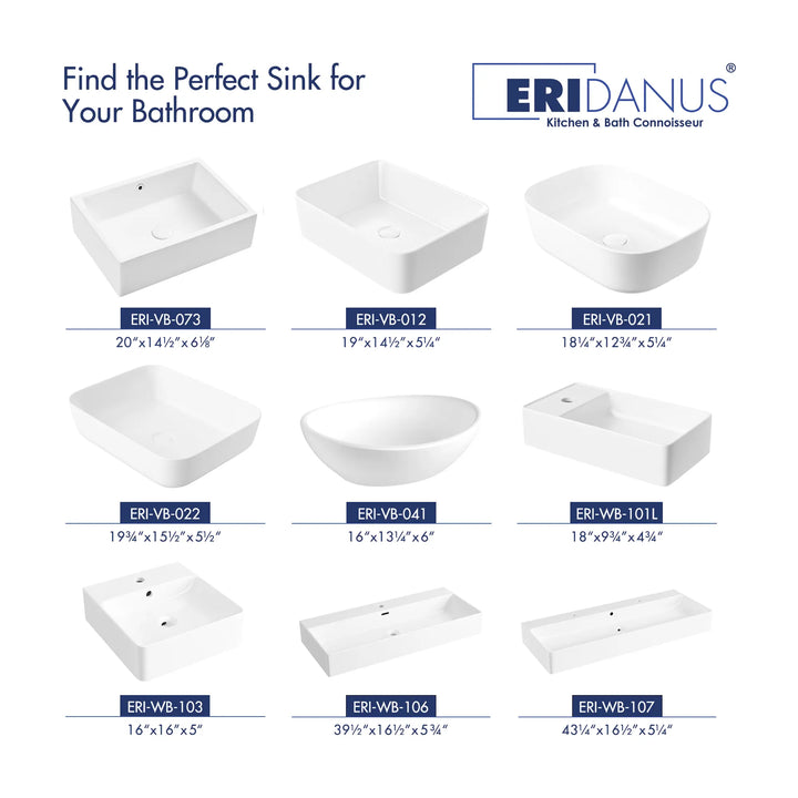 White ceramic vessel bathroom sink collection with various rectangular oval countertop basin styles and model size labels