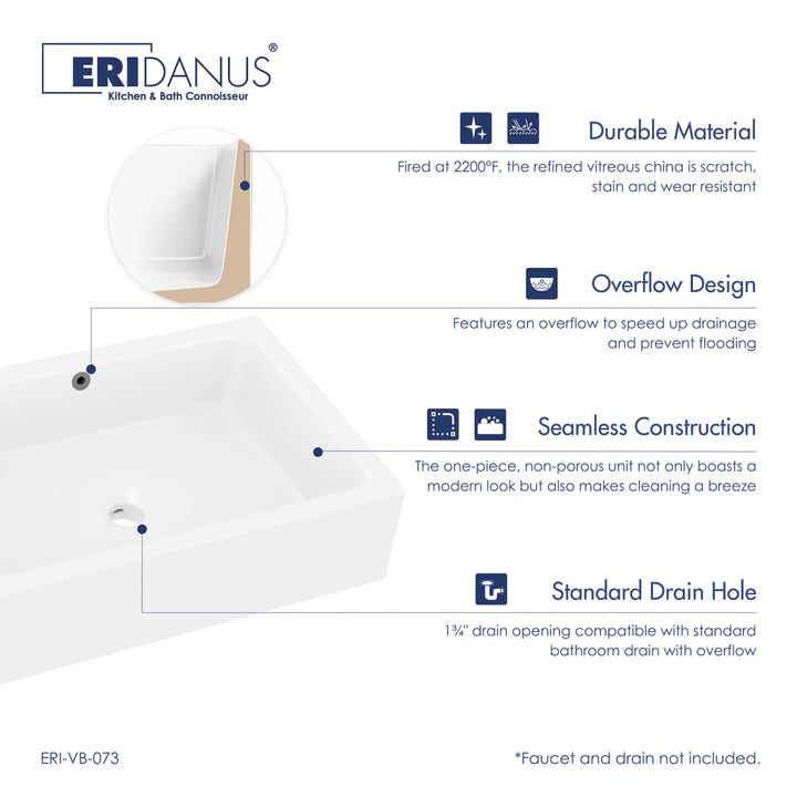 White vitreous china vessel sink with seamless body and overflow drain features