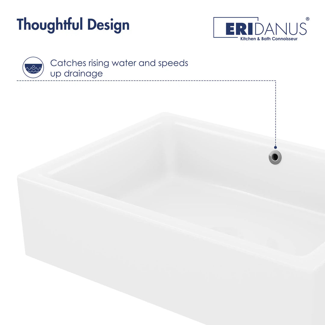 White rectangular ceramic vessel sink with functional overflow hole detail