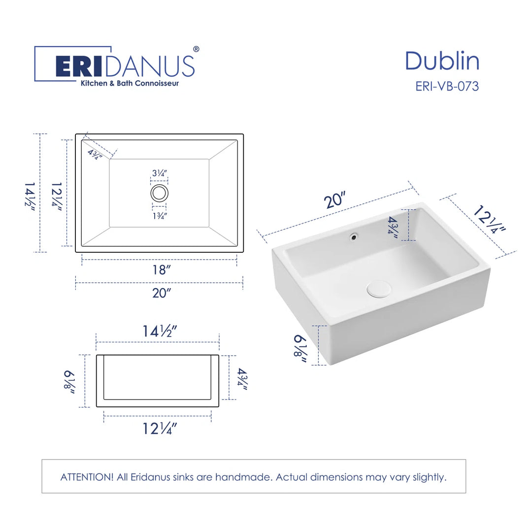 White rectangular ceramic vessel sink with dimension technical drawing