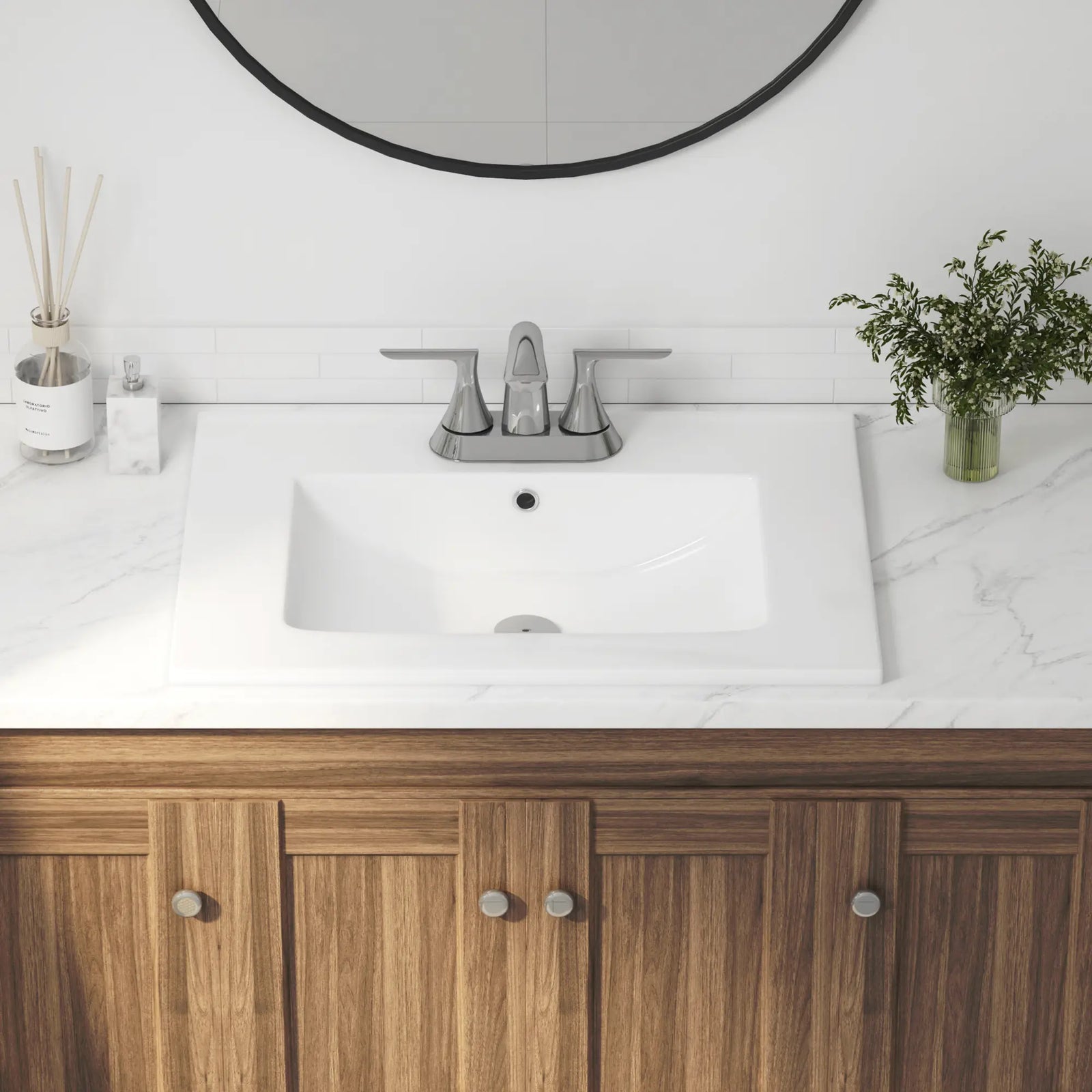 White rectangular ceramic integrated bathroom vanity sink top.#faucet-mount_centerset
