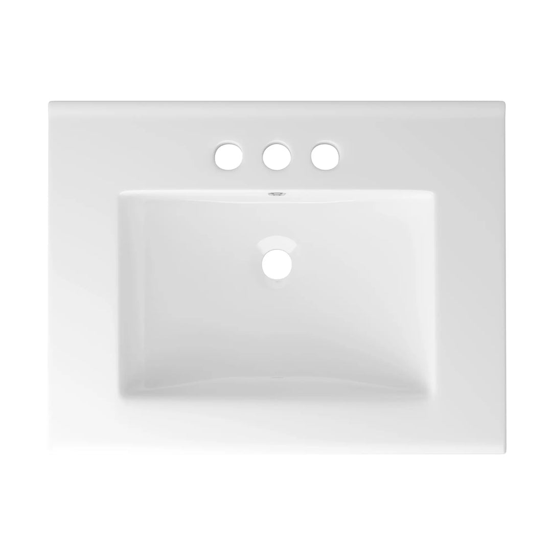 White rectangular vanity sink with 3 pre-drilled holes, multi-angle view.