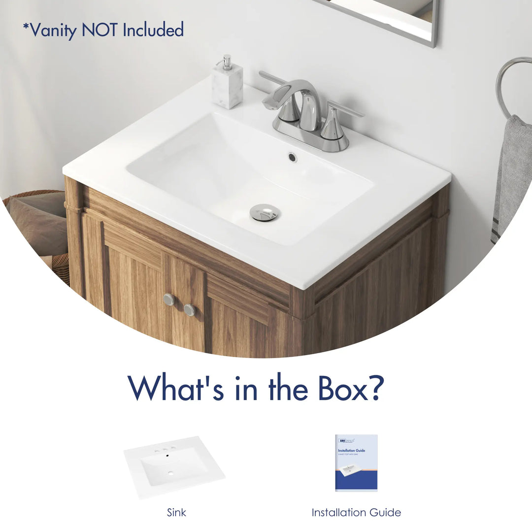 White ceramic vanity sink and installation guide package contents.