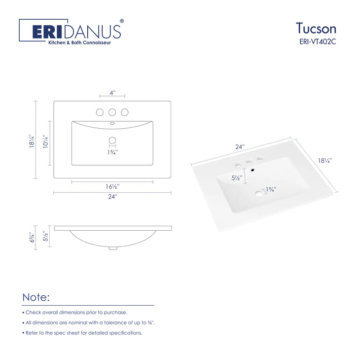 Eridanus Tucson 24-inch white vanity sink dimensional diagram.