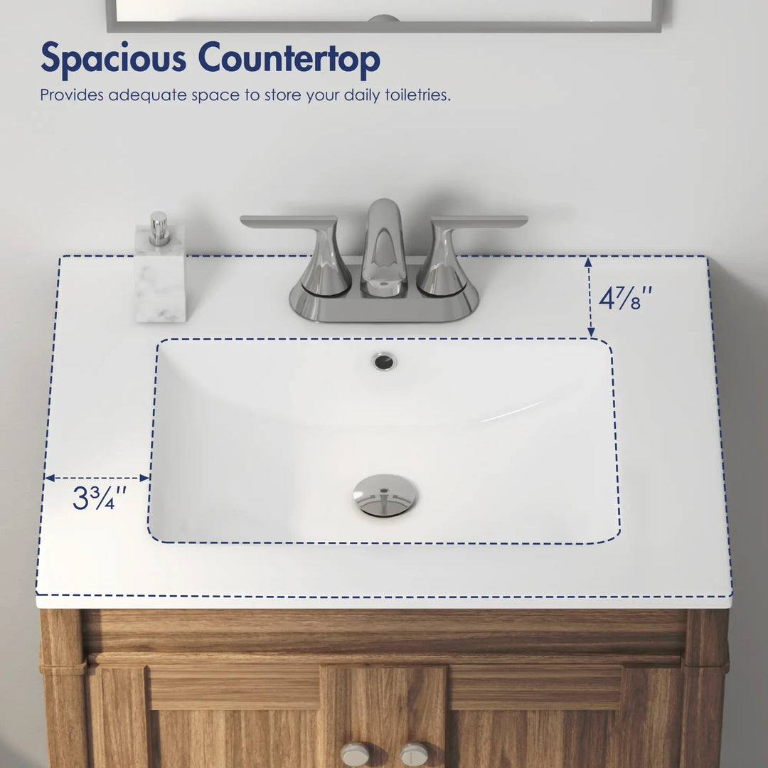 White vanity countertop with spacious side and back dimensions.