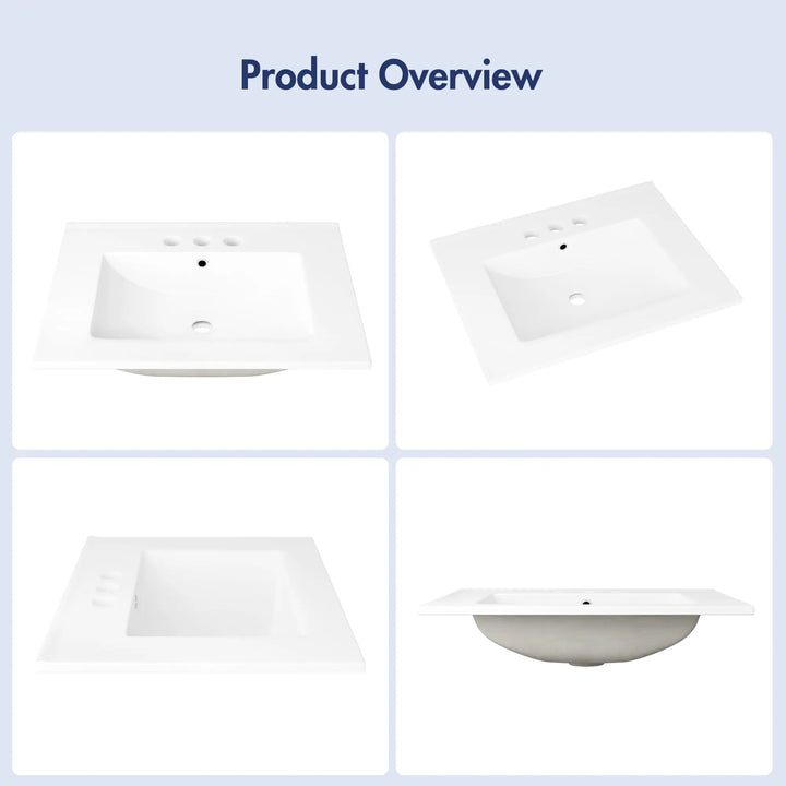 White rectangular vanity sink with 3 pre-drilled holes, multi-angle view.
