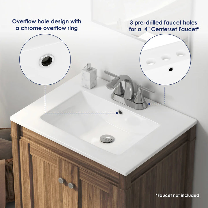 White vanity sink with chrome overflow ring and 3 pre-drilled holes.