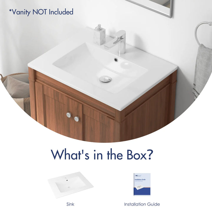 White ceramic vanity sink and installation guide package contents.