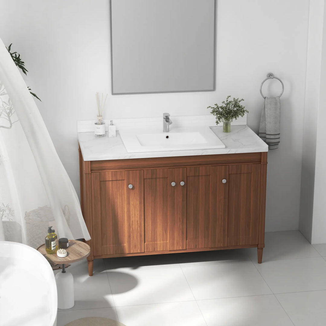 White rectangular vanity sink with single faucet hole and chrome drain.