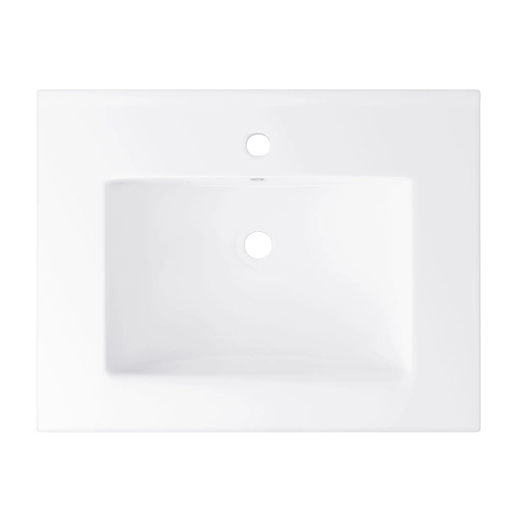 White rectangular vanity sink with single faucet hole, top view.