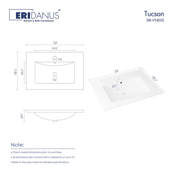 Eridanus Tucson 24-inch single hole vanity sink dimension diagram.