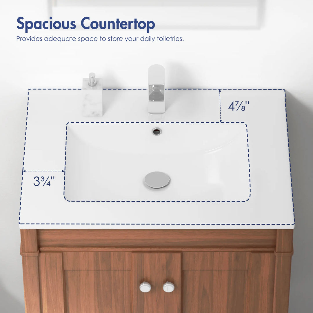 White vanity countertop with spacious side and back dimensions.