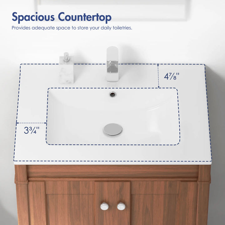 White vanity countertop with spacious side and back dimensions.
