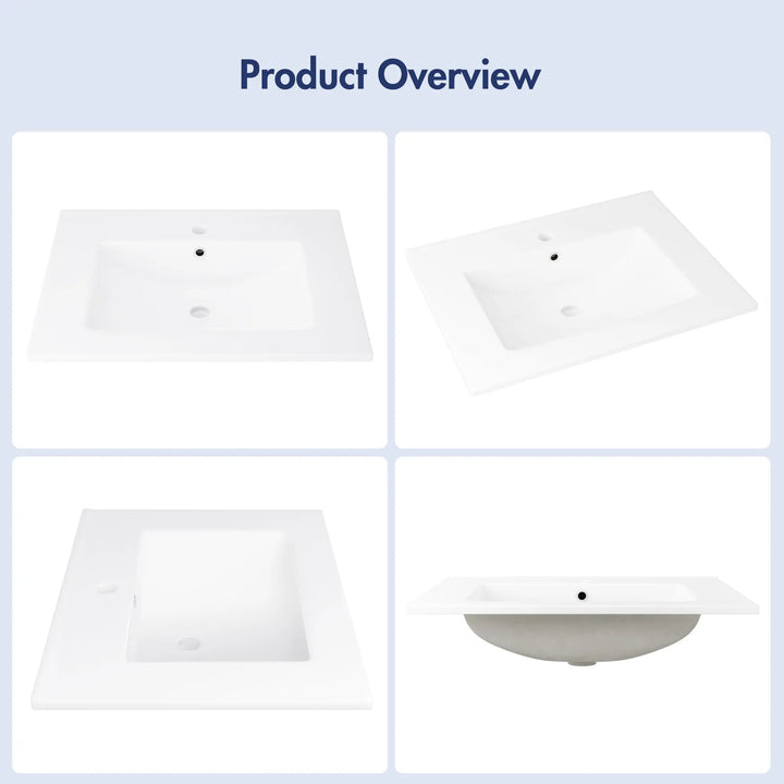 White rectangular vanity sink with single faucet hole, multi-angle view.