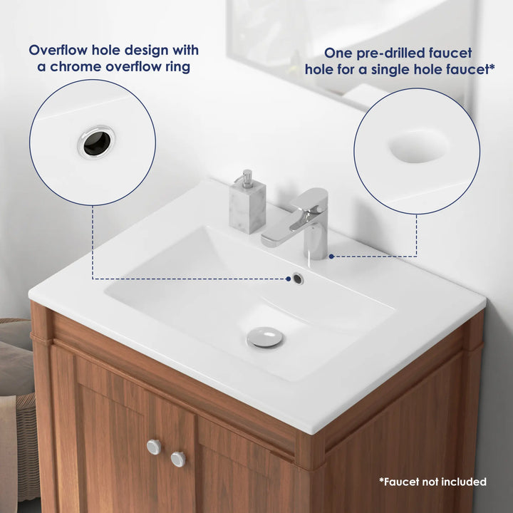 White vanity sink with chrome overflow ring and single faucet hole.