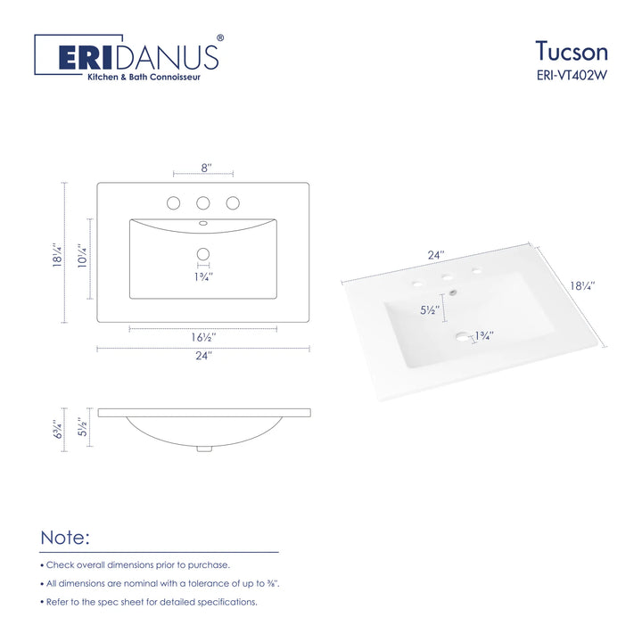 Tucson 24-inch vitreous china vanity sink dimensions diagram.