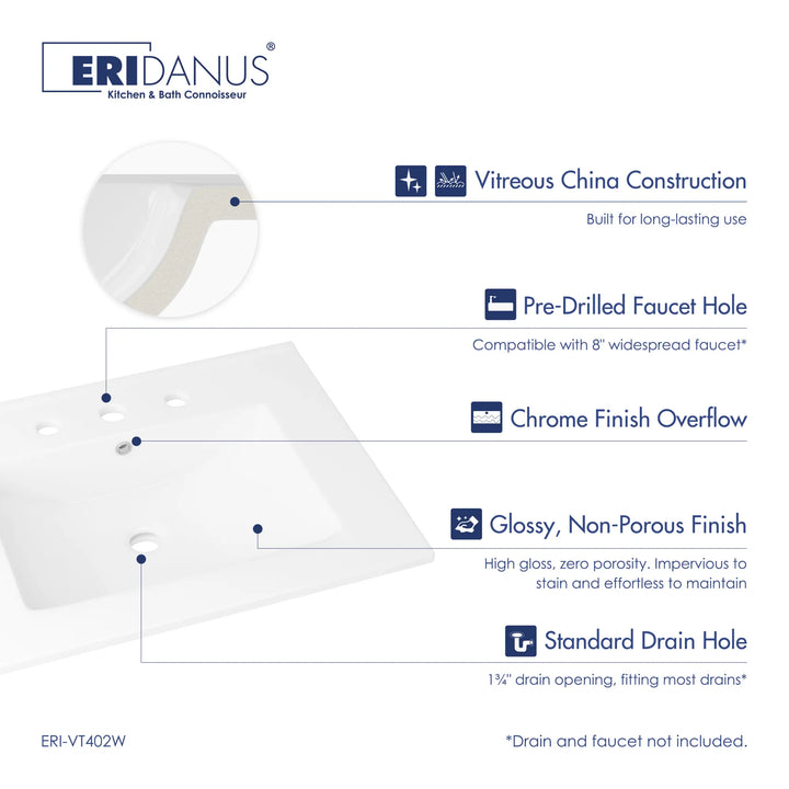 ERIDANUS glossy white vitreous china sink with 3 faucet holes.