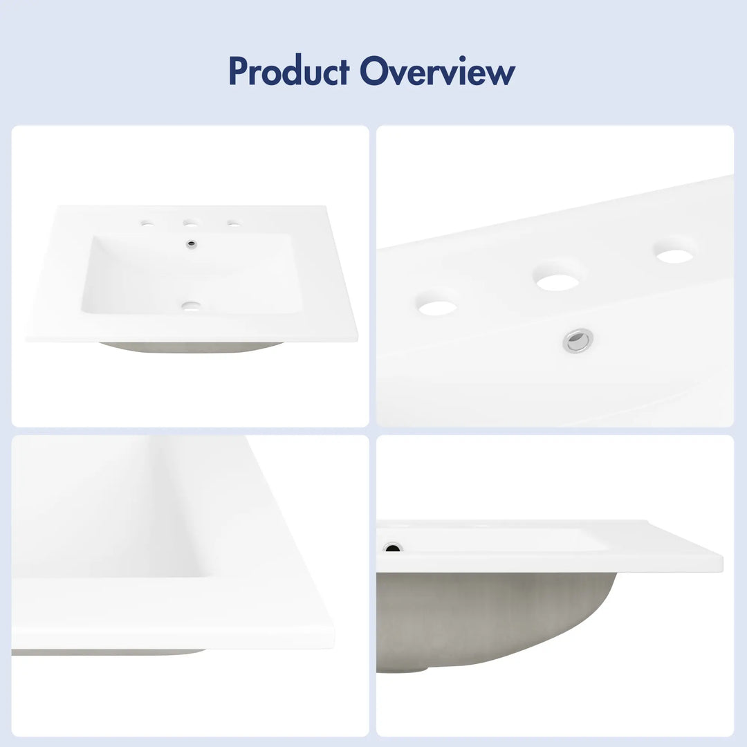 ERIDANUS white vitreous china vanity sink with 3 holes and overflow.