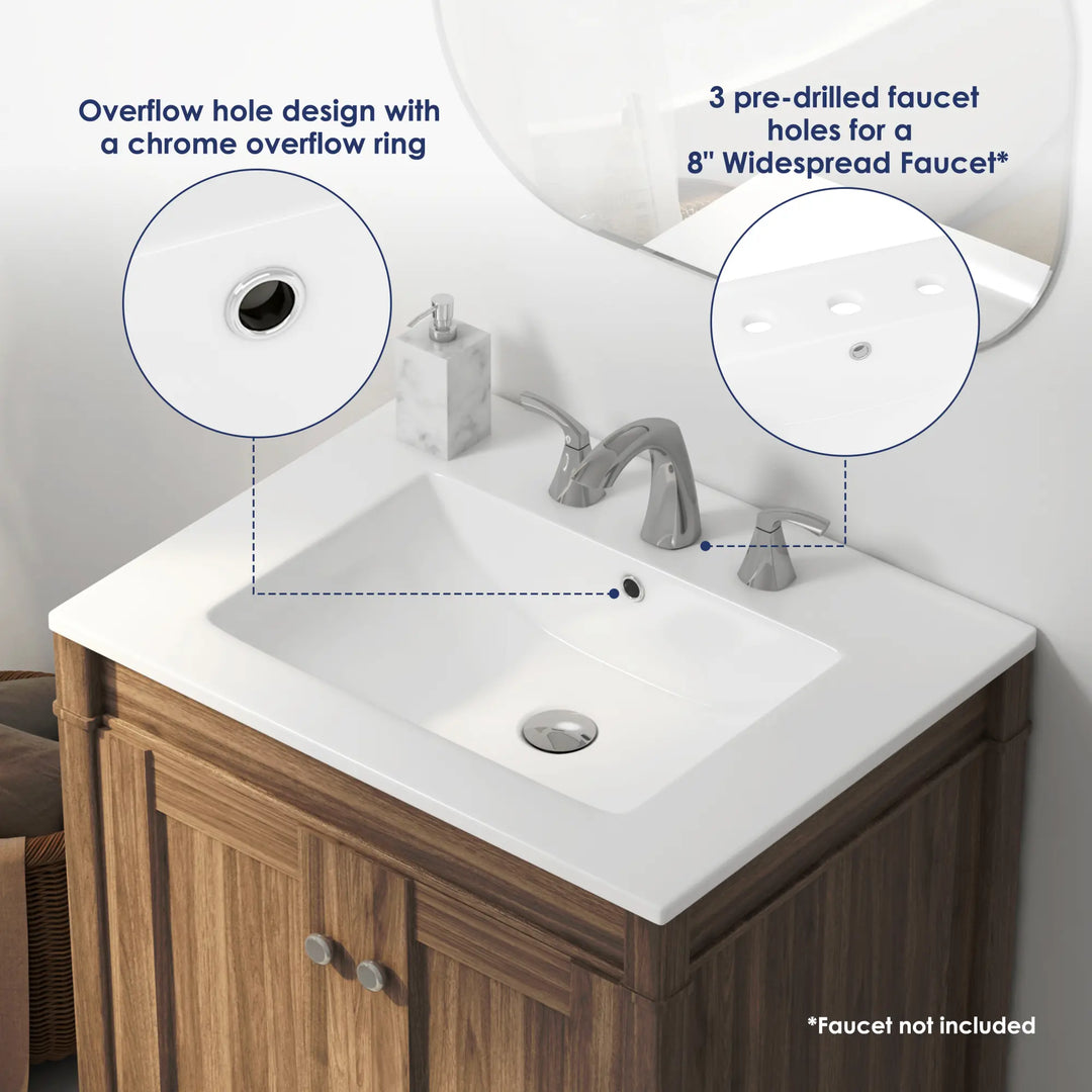 ERIDANUS white vitreous china sink with 3 faucet holes and chrome overflow.