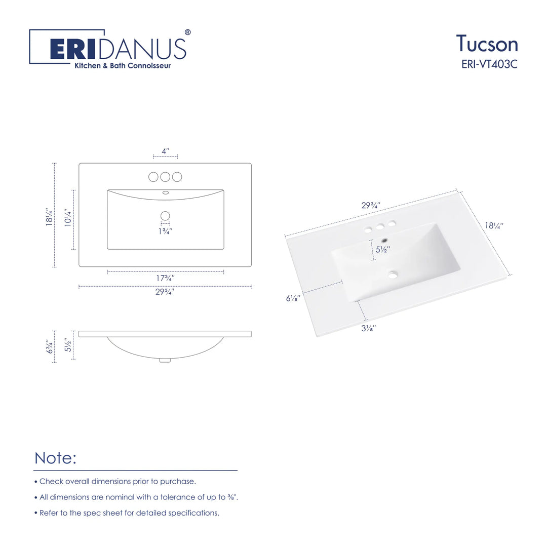 29.5-inch white rectangular 3-hole sink dimension chart