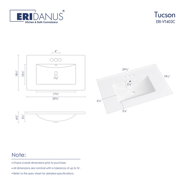 29.5-inch white rectangular 3-hole sink dimension chart