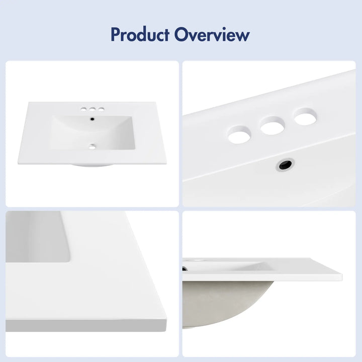 White ceramic 3-hole rectangular vanity sink with overflow