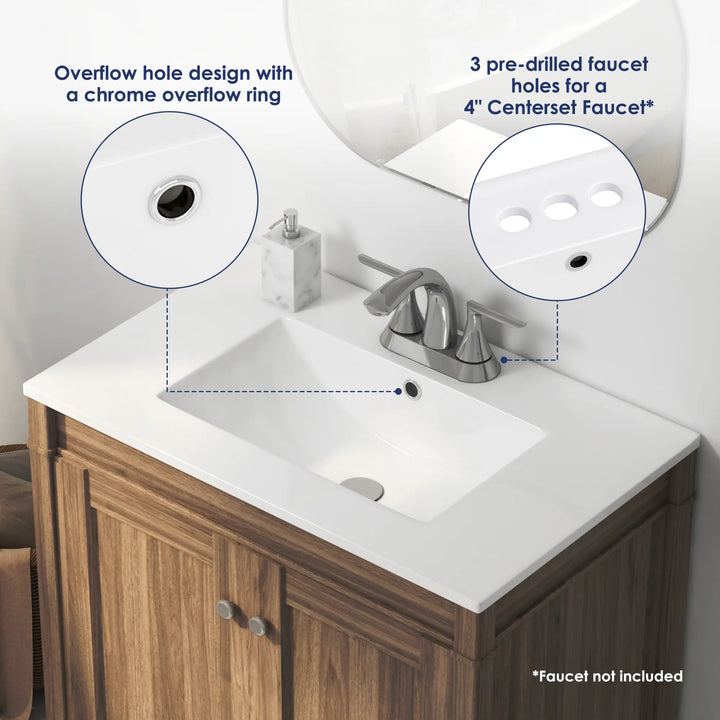 White ceramic vanity sink with 3-hole faucet and overflow