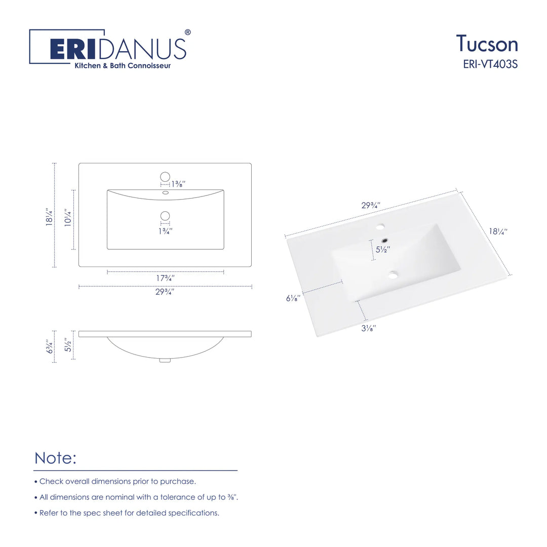 29.5 inch white ceramic rectangular sink dimension chart