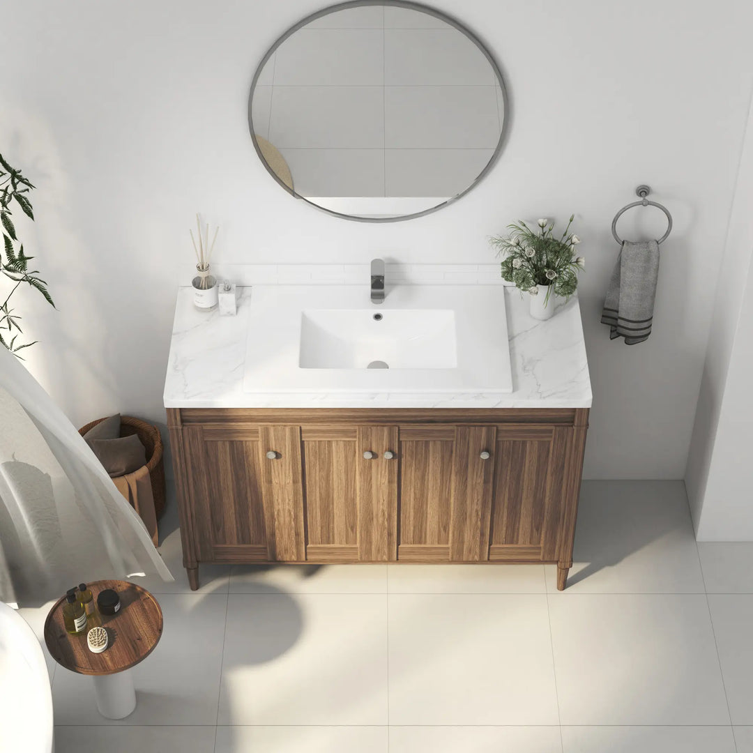 Large wood bathroom vanity with white ceramic drop-in sink