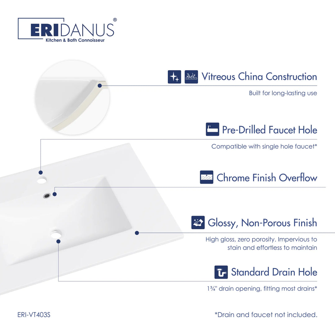 Glossy vitreous china drop-in sink with pre-drilled faucet hole
