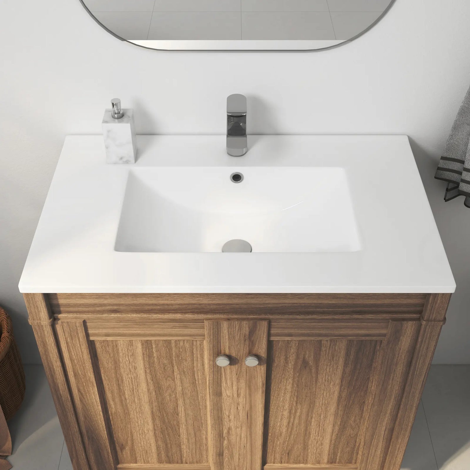 White ceramic integrated sink on wood vanity with faucet#faucet-mount_single