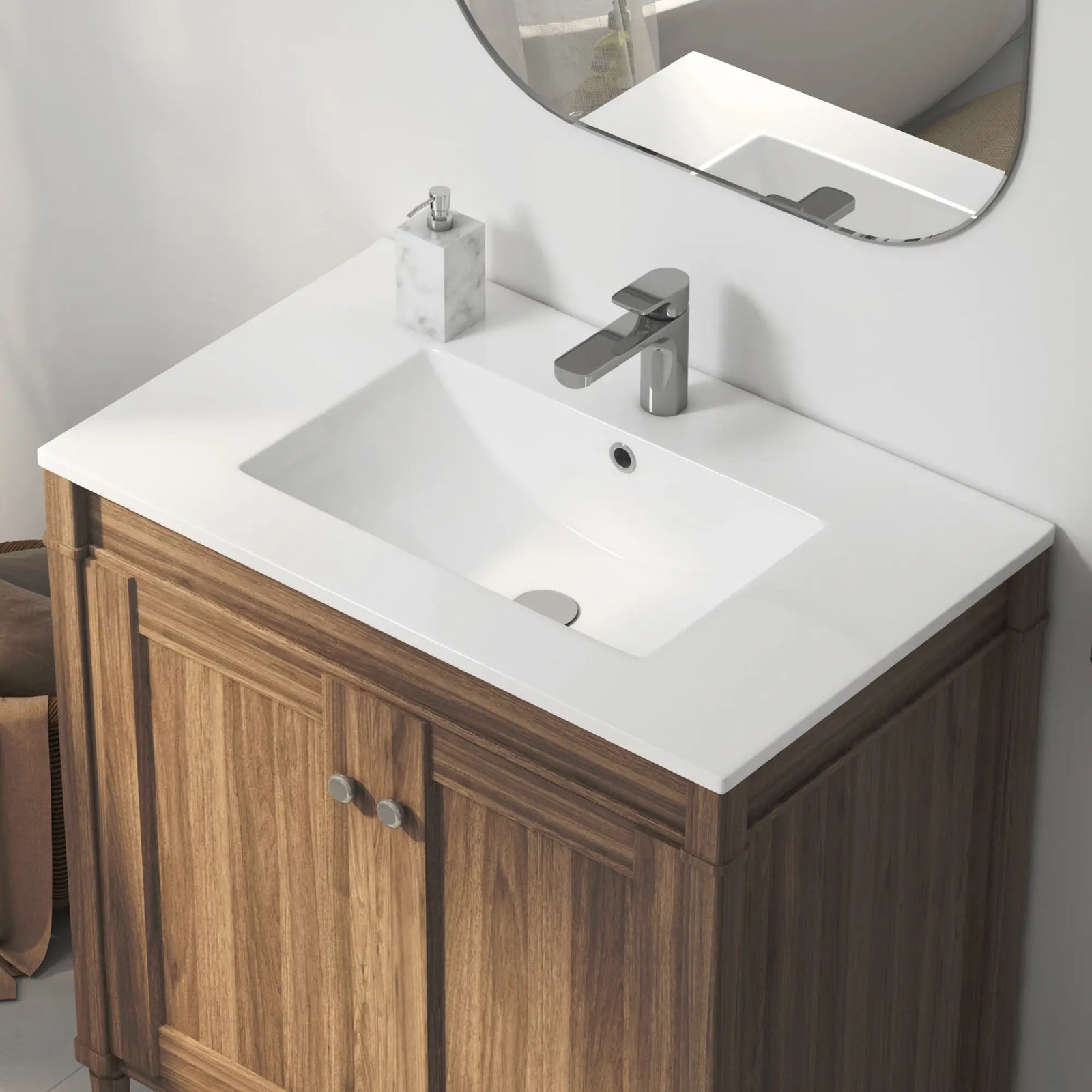 White ceramic integrated sink on wood vanity with faucet#faucet-mount_single