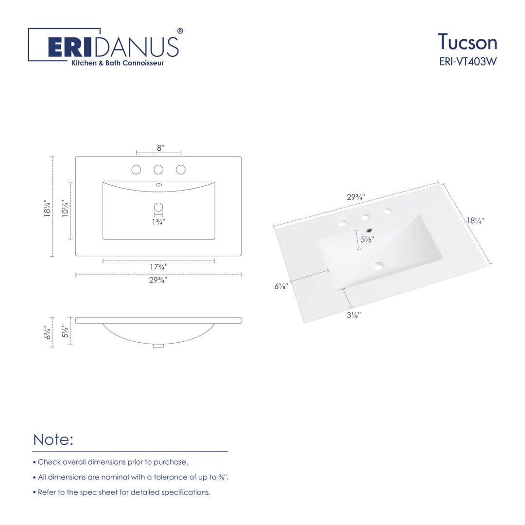 White ceramic sink with detailed dimensions and 3 faucet hole layout