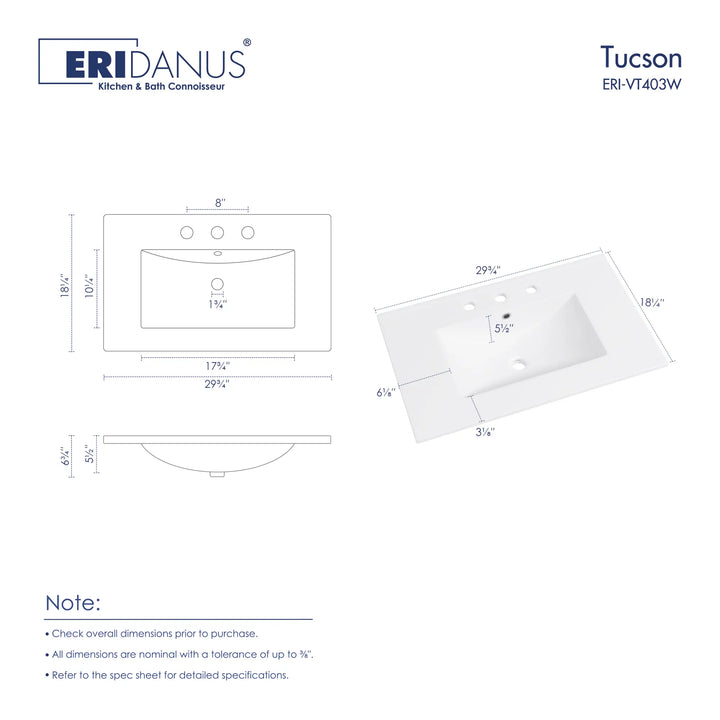 White ceramic sink with detailed dimensions and 3 faucet hole layout
