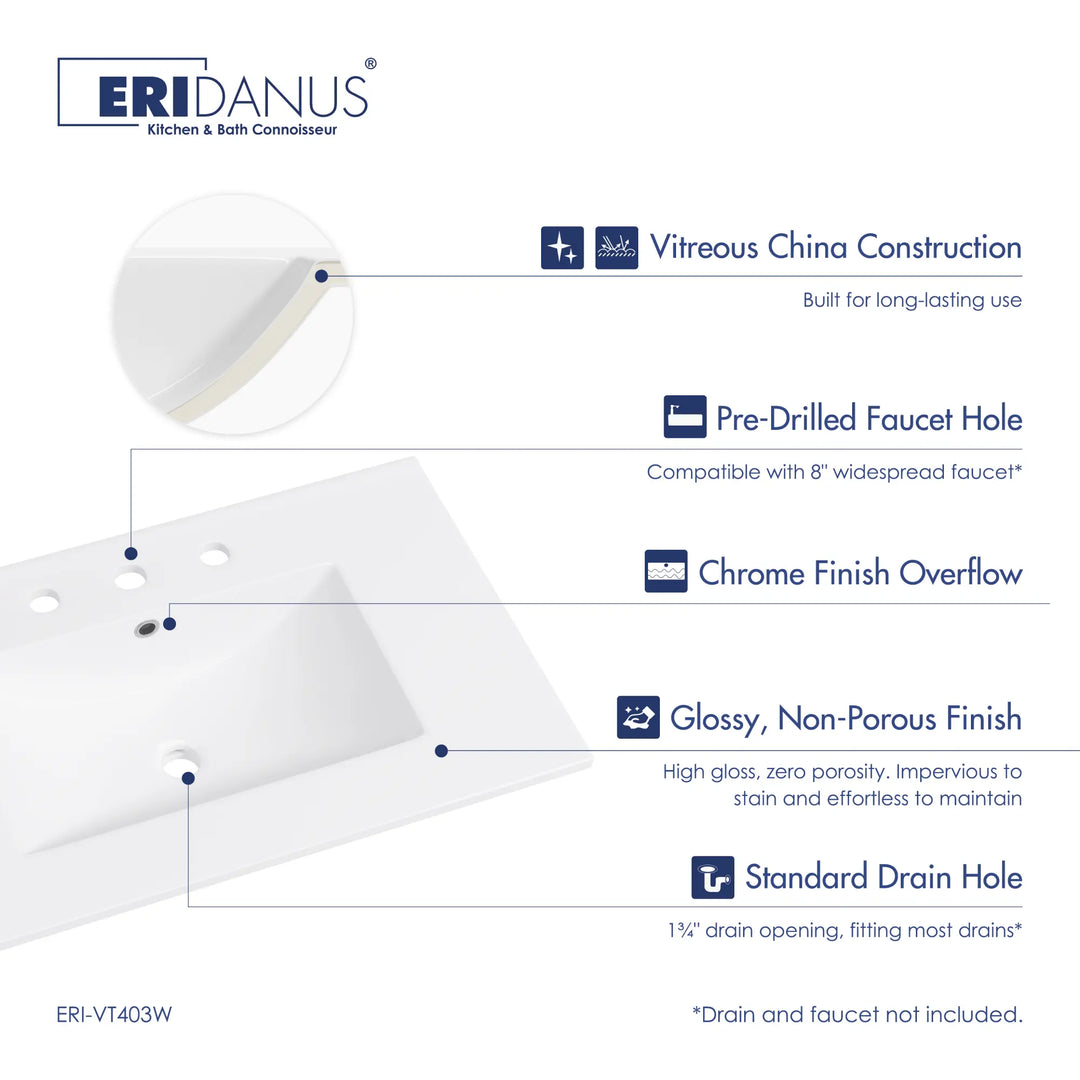 White ceramic sink with pre-drilled holes, overflow, glossy finish