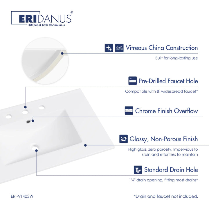 White ceramic sink with pre-drilled holes, overflow, glossy finish