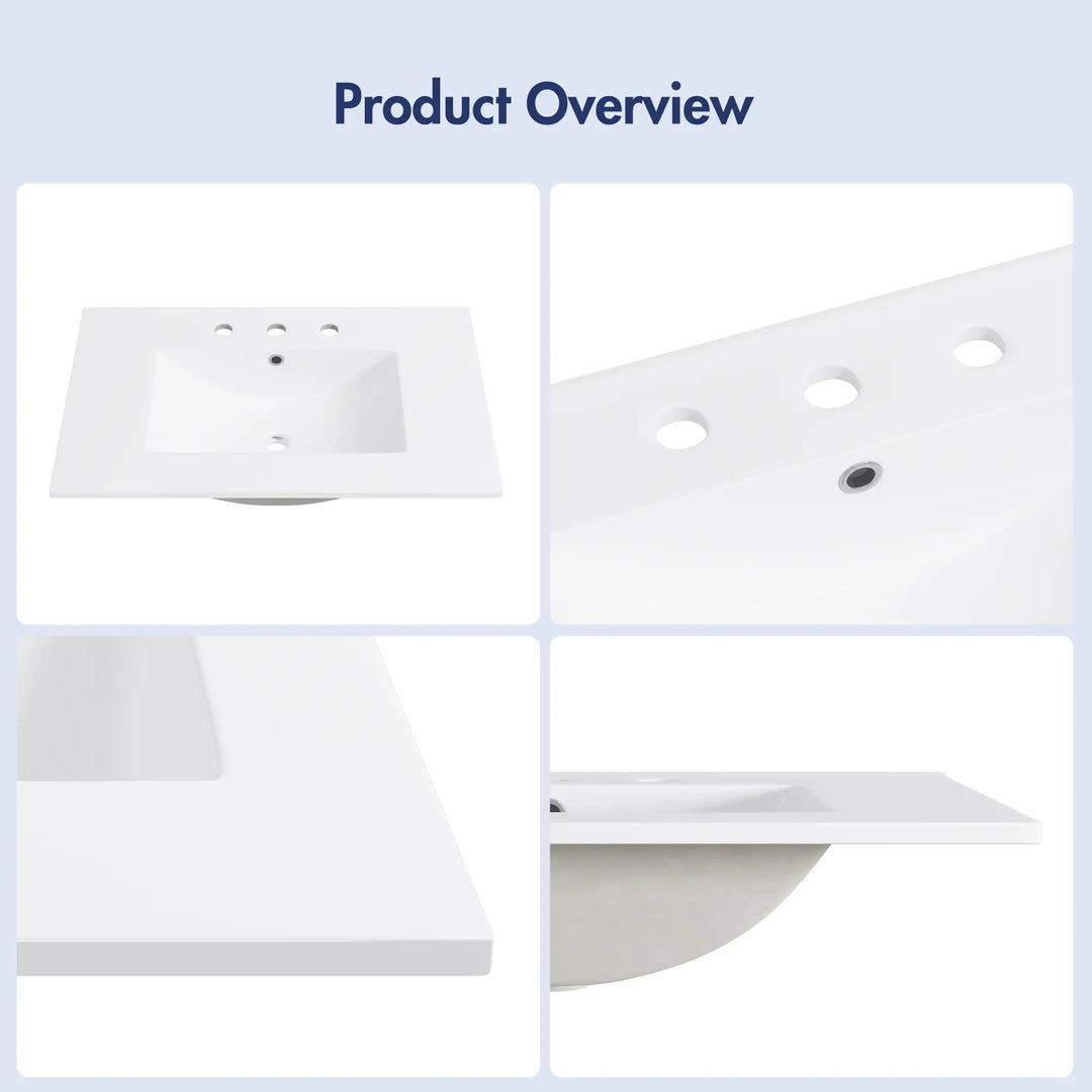 White rectangular ceramic sink with 3 faucet holes and integrated overflow