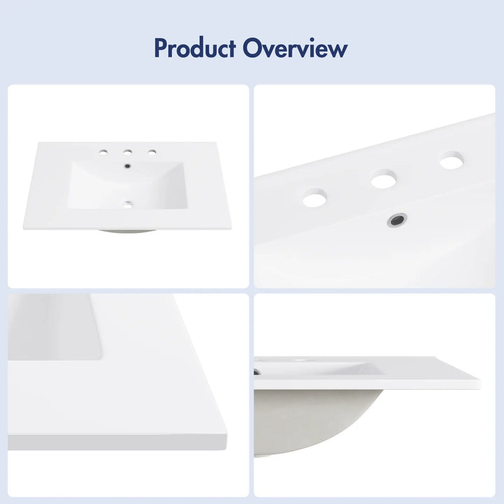 White rectangular ceramic sink with 3 faucet holes and integrated overflow