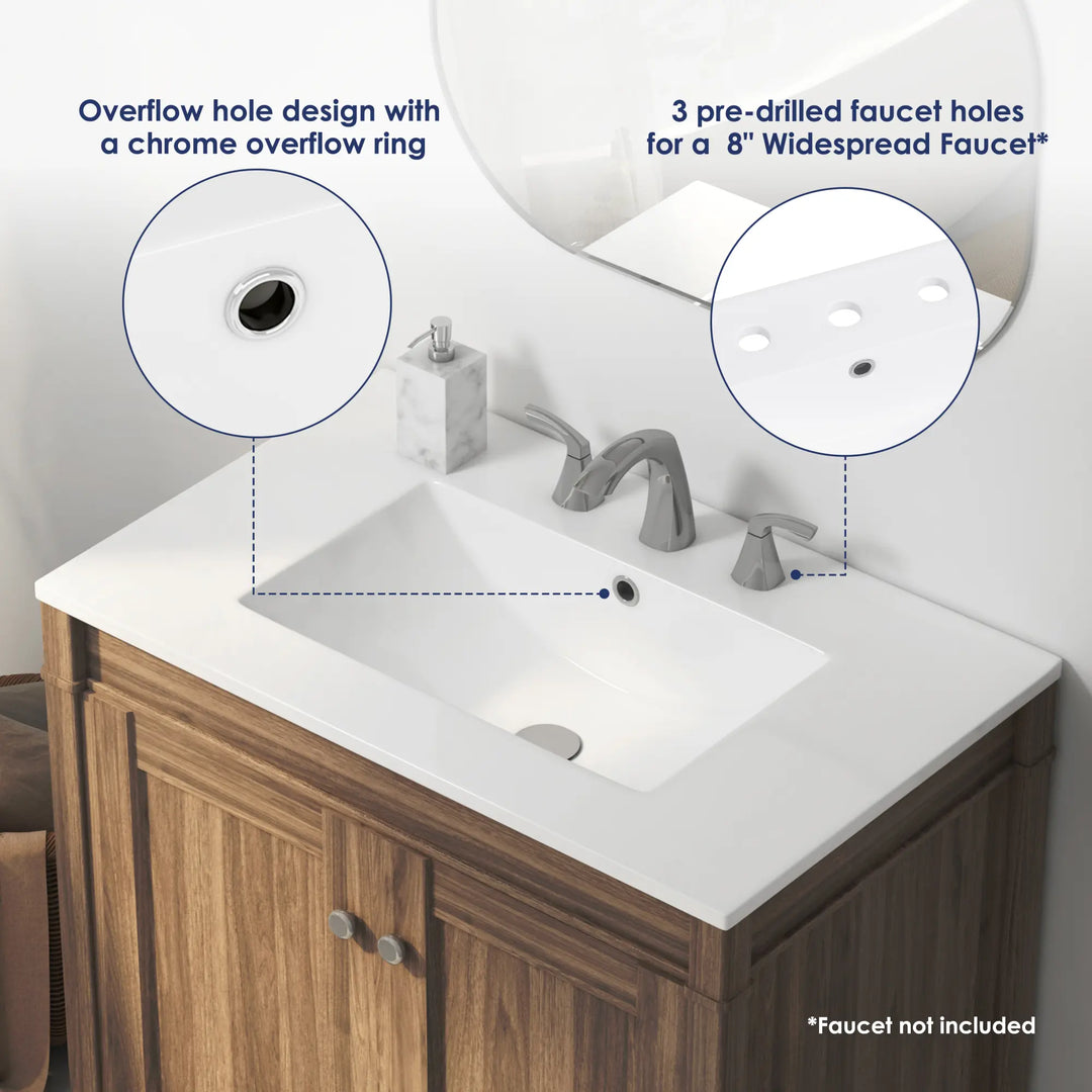White ceramic sink with chrome overflow and 3 pre-drilled faucet holes