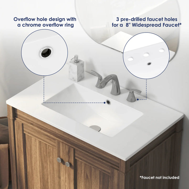 White ceramic sink with chrome overflow and 3 pre-drilled faucet holes