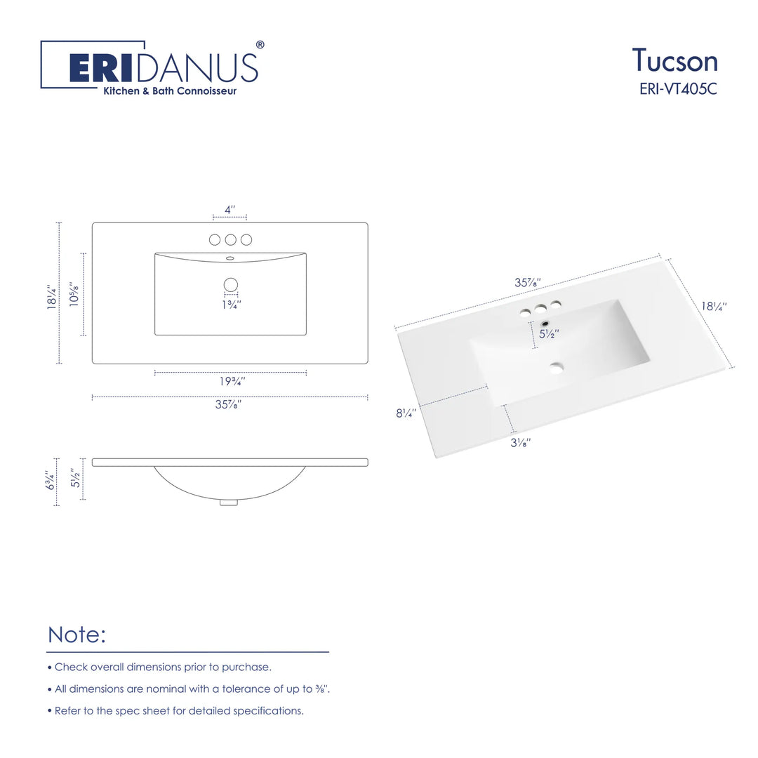 36-inch white ceramic vanity top dimension chart
