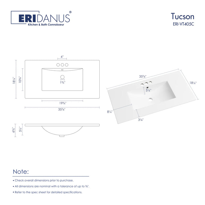 36-inch white ceramic vanity top dimension chart