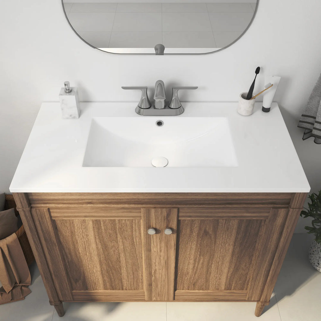 White rectangular ceramic vanity top with integrated sink