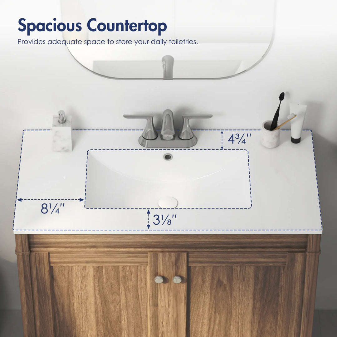 Spacious white rectangular ceramic vanity top with sink