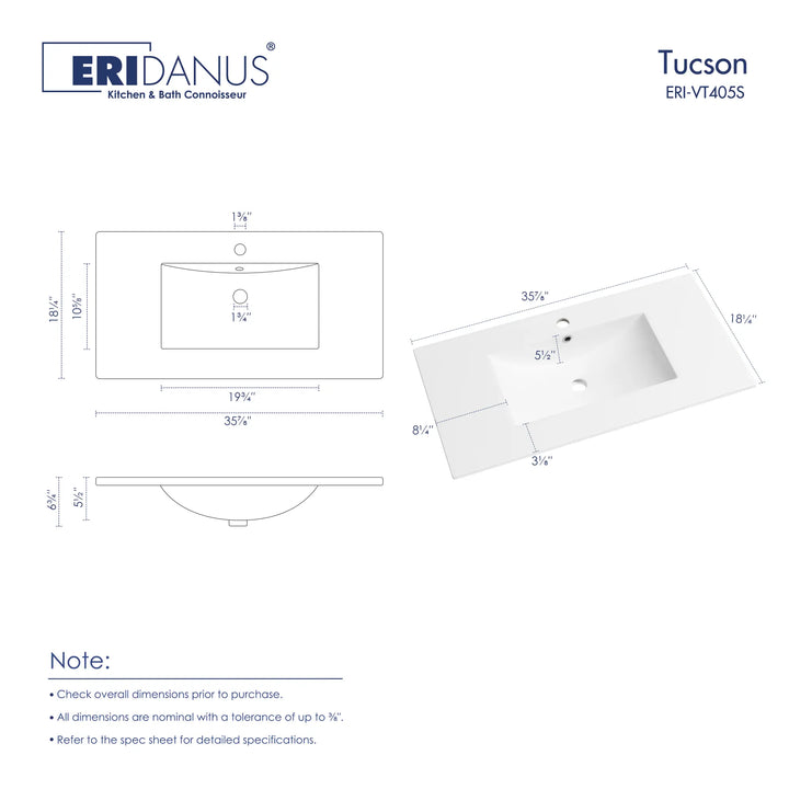 36-inch white ceramic vanity top dimension chart