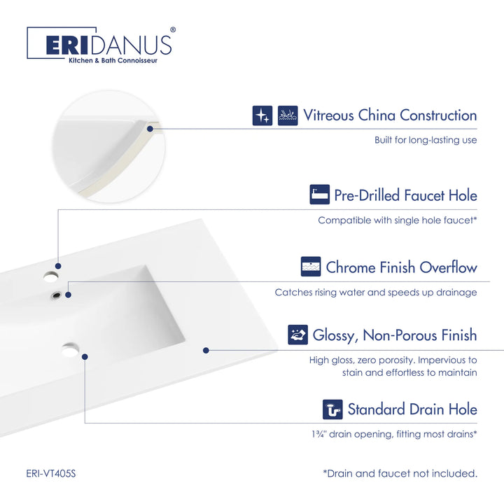 White ceramic vanity top with single hole specifications