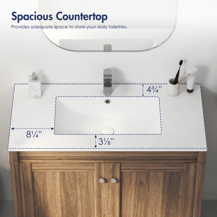 Spacious 36-inch white ceramic vanity top with sink