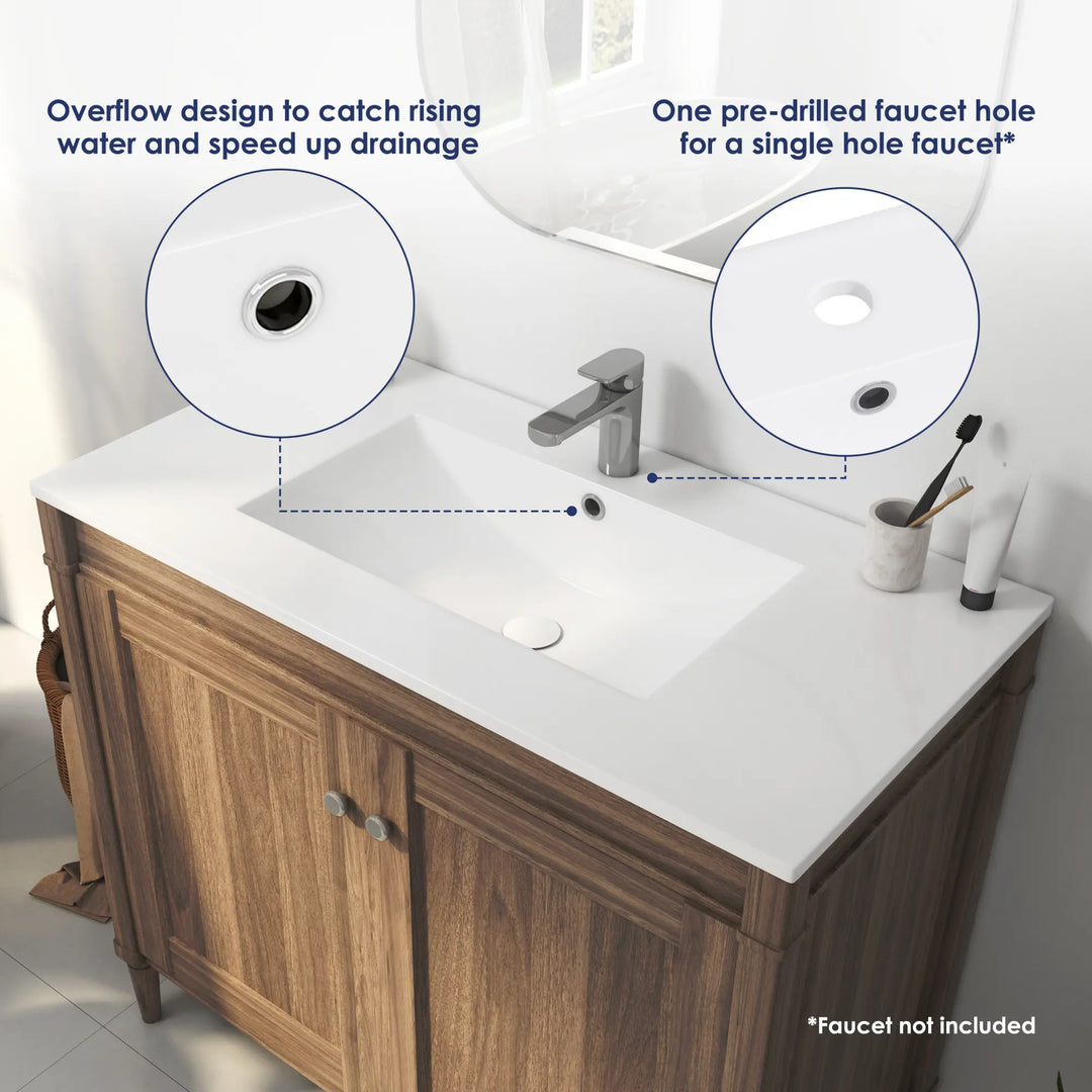 36-inch white ceramic vanity top with single faucet hole