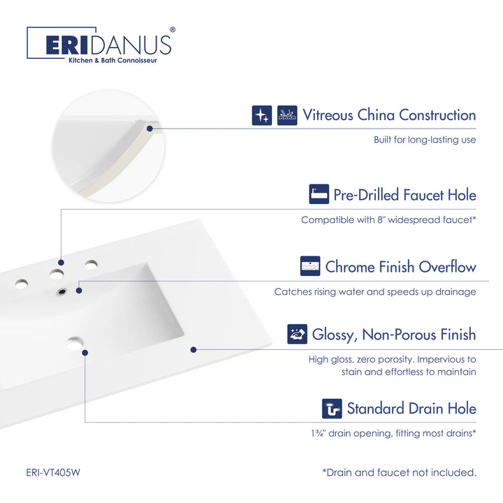 White ceramic sink with pre-drilled faucet holes, chrome overflow, glossy finish